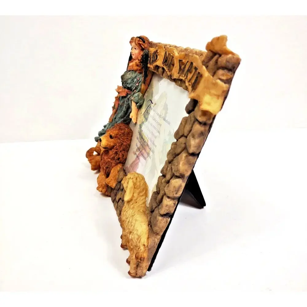 Vintage Holiday Frame Angel Sheep and Lion Bless Our Earth Poem 3-D Carved Resin
